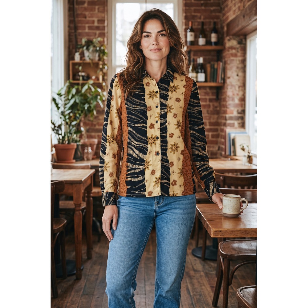 Liz Baker Womens Large Multi Pattern Zebra Floral Stripe Button Up Shirt Black